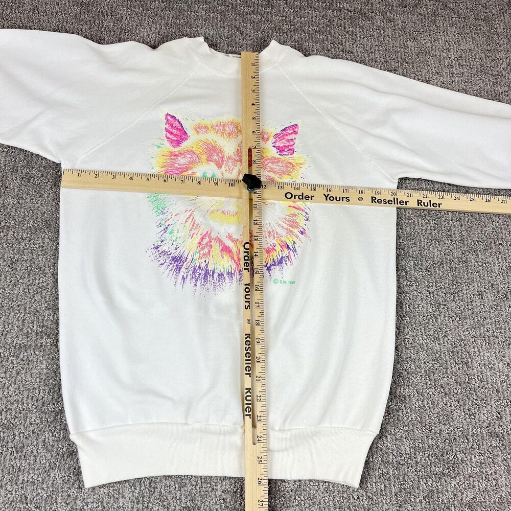 Vintage Sweatshirt Womens Large White Neon Cat Grandma 80s Crewneck Retro - Picture 10 of 11